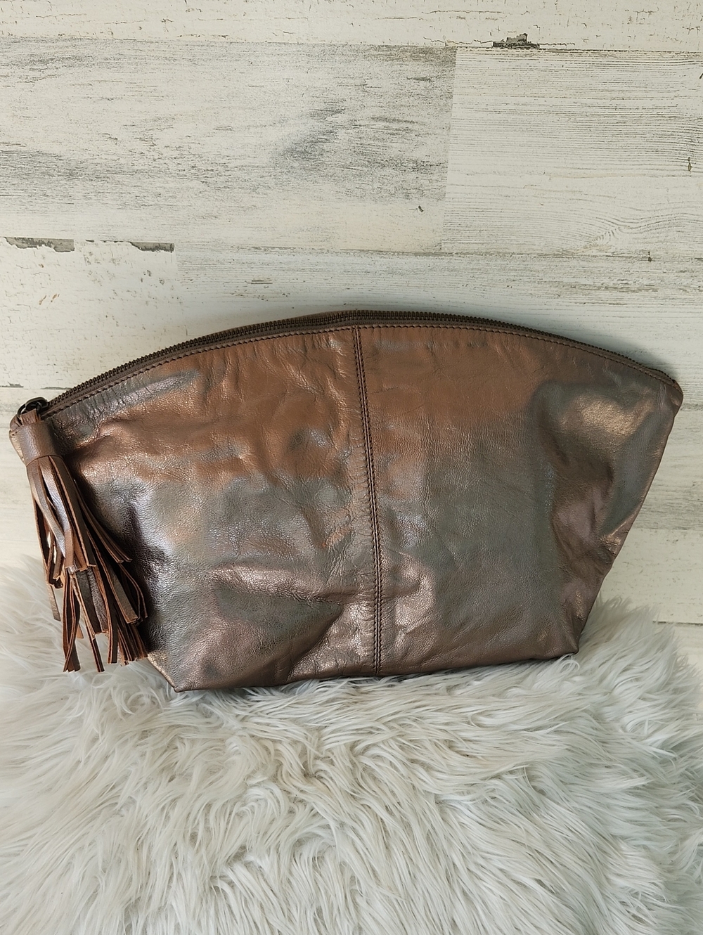 ANTHROPOLOGIE JASPER & JEERA BRONZE METTALIC LEATHER TASSEL CLUTCH